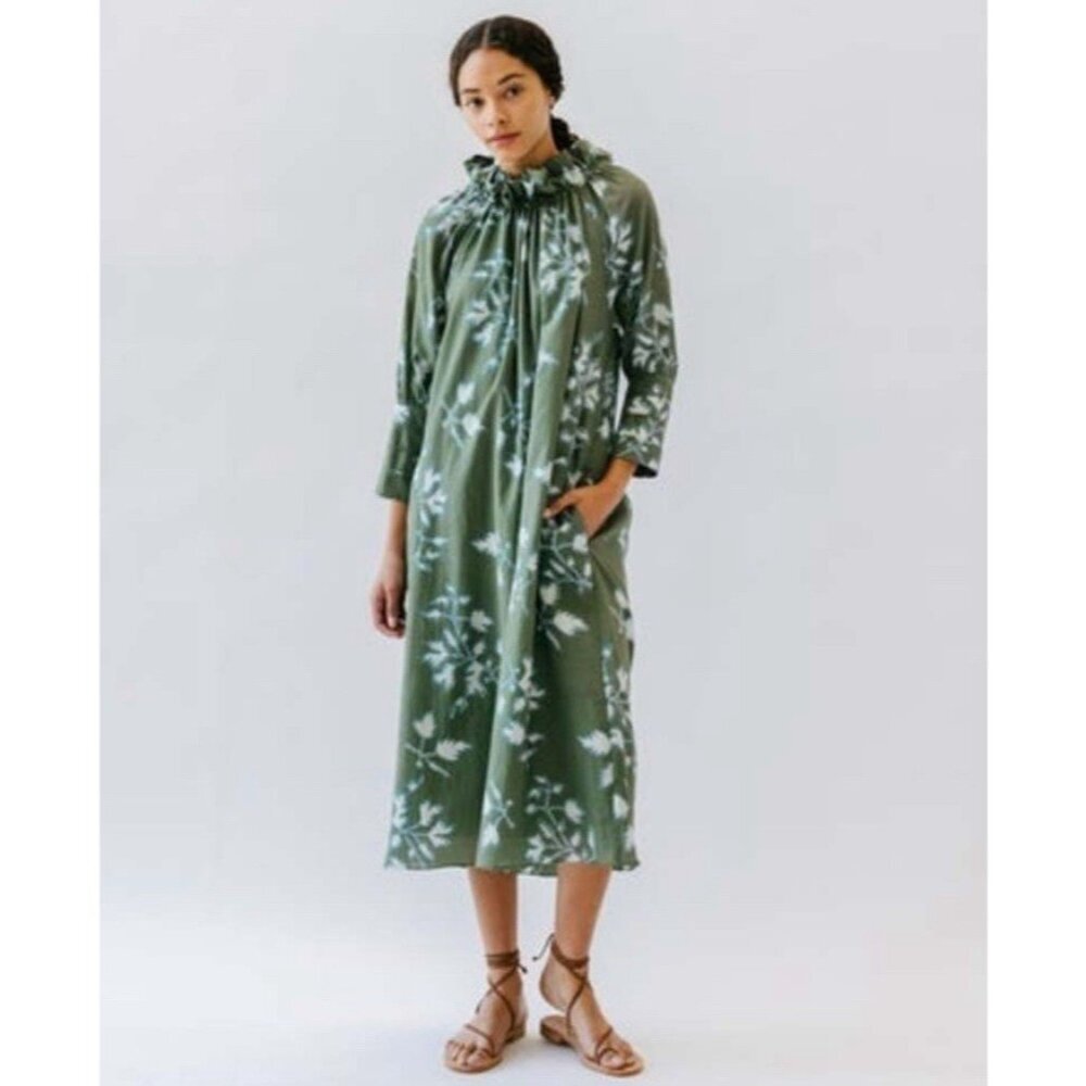 Mirth Midi Dress‎ Womens S Vienna High Neck Fig Leaf Sage Green Cream Floral